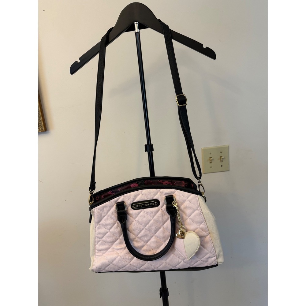 Betsey Johnson Pink/White/Black Heart Quilted Satchel/Crossbody W/ Heart Tassel